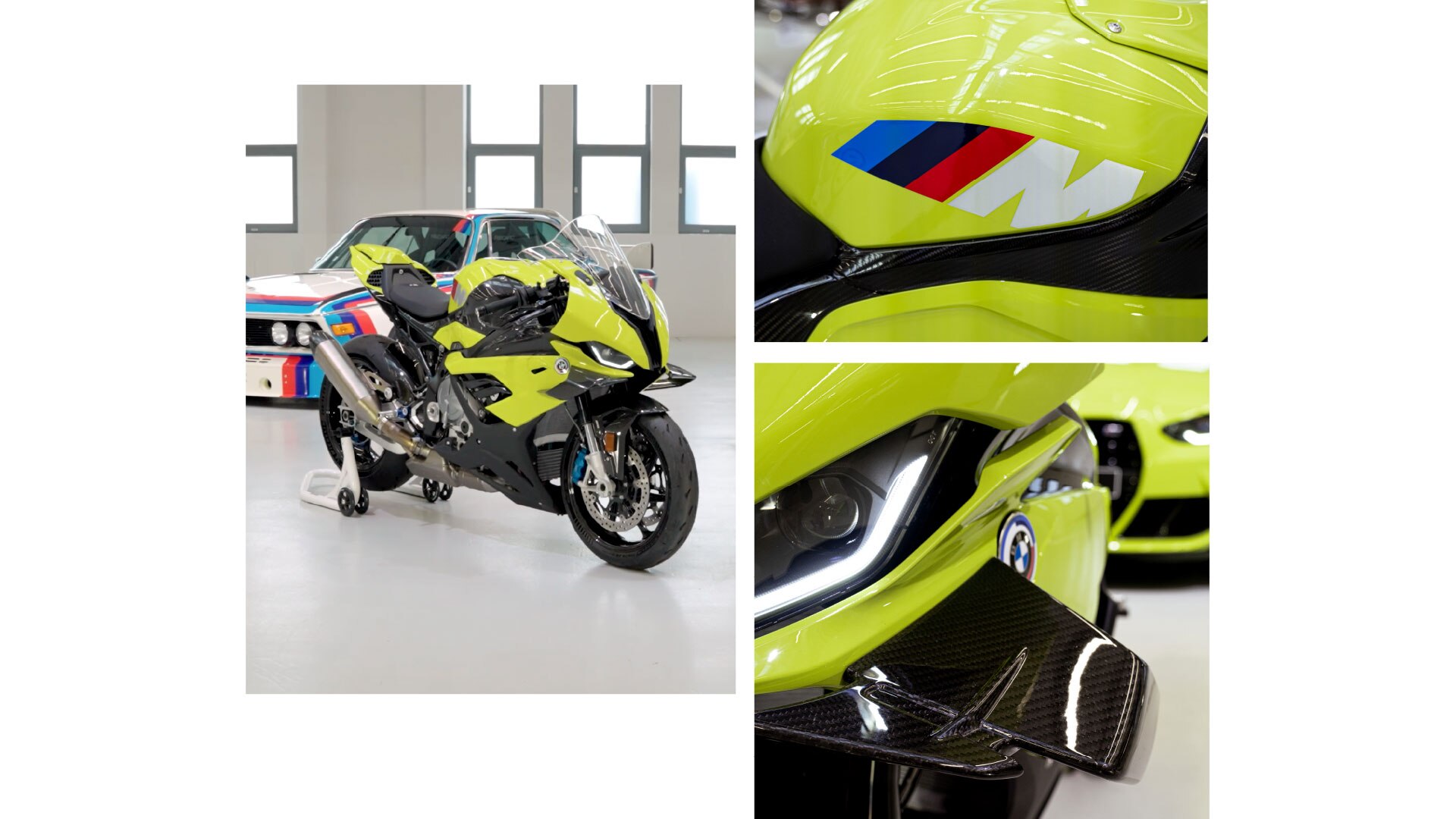 Vista frontal de la M RR 50 Years M. Las aletas son fáciles de reconocer. El logotipo de BMW M con los tres colores icónicos azul, azul oscuro y rojo, que están inclinados con respecto a la M en blanco